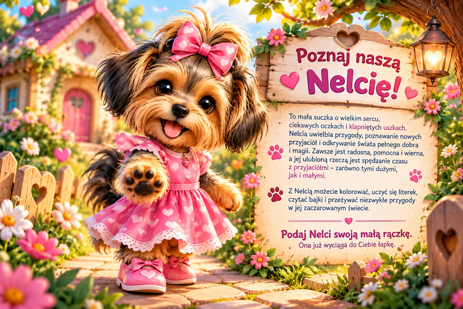 Nelcia w różowej sukience wyciąga łapkę na znak przyjaźni